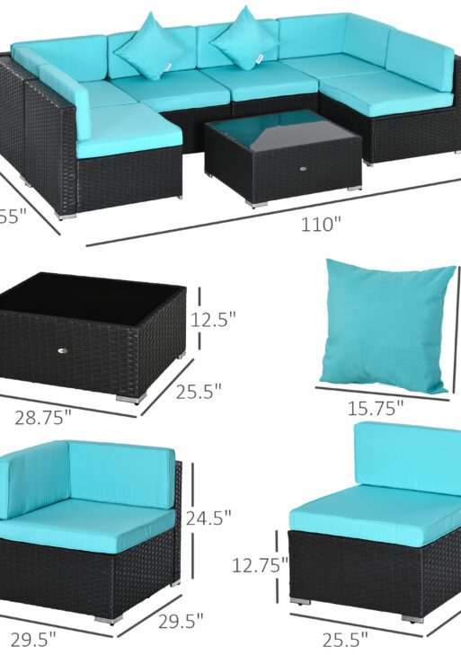 7-Piece Patio Furniture Set, Outdoor Wicker Conversation Set, All Weather PE Rattan Sectional Sofa Set with Cushions and Tempered Glass Top Coffee Table, Pillows, Turquoise