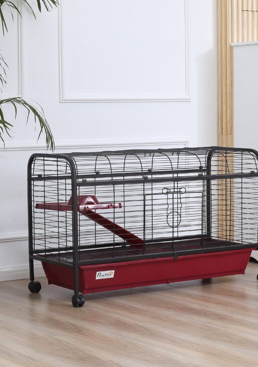 41"L Small Animal Cage, Pet Play House for Rabbit Hutch Ferret with Feeder, Rolling Wheels, Platform, Ramp