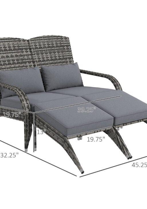 Wicker Adirondack Chair for 2 with Cushions & Footrests, PE Rattan Double Chaise Lounge Chair, Fire Pit Chair for Porch with High-back, Wide Armrests, Mixed Gray