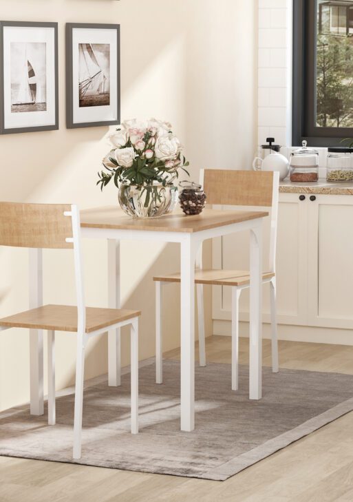 3-Piece Wooden Square Dining Table Set with 1 Table and 2 Chairs and Sturdy Metal Frame for Small Space, White