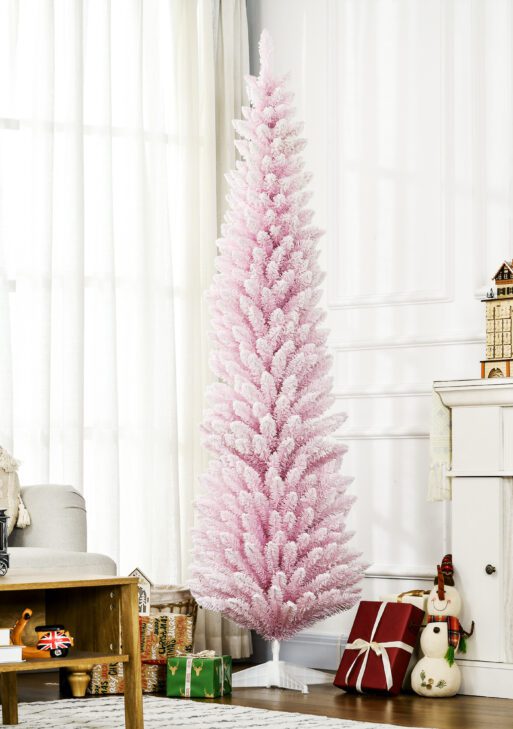 7' Decorated Christmas Tree Snow Flocked Artificial Christmas Tree with Pencil Shape, Realistic Branches, Pink