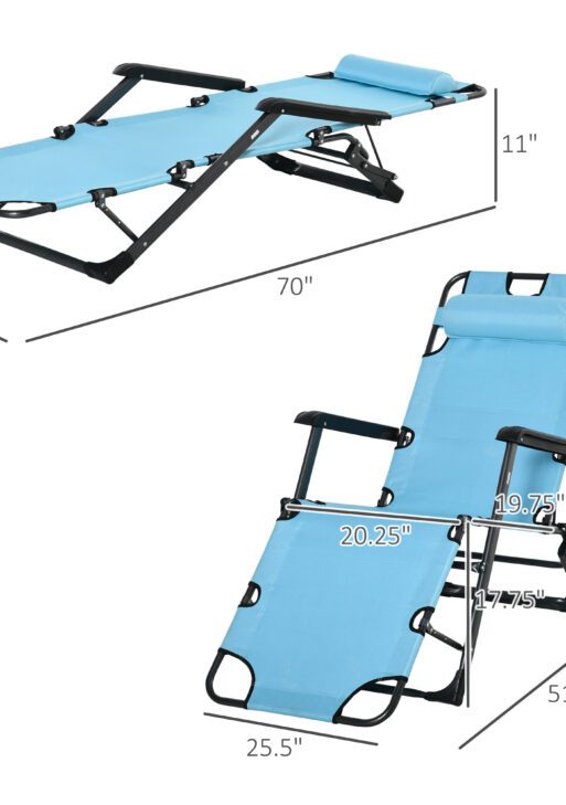 Folding Chaise Lounge Chair for Outside, 2-in-1 Tanning Chair with Pillow & Pocket, Adjustable Pool Chair for Beach, Patio, Lawn, Deck, Blue