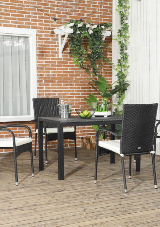 Stackable 4 PE Rattan Outdoor Dining Chairs with Cushions, Patio Wicker Dining Chairs with Armrests & Backrest, Cream White