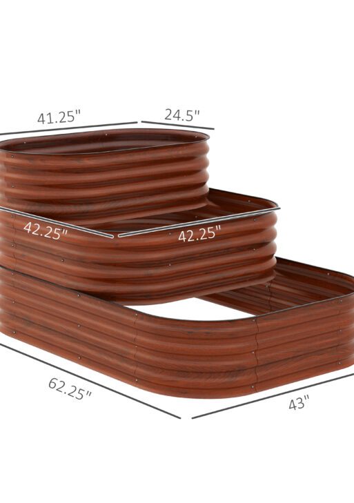 3-Tier Raised Garden Bed Set w/ Safety Edging, Open Bottom for Vegetables, Herbs, Flowers, 62.25" x 43" x 32.25", Brown
