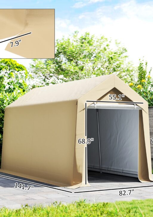 Galvanized 7' x 12' Outdoor Storage Tent, Heavy Duty and Waterproof Portable Shed for Bike, Motorcycle, Tools, Beige