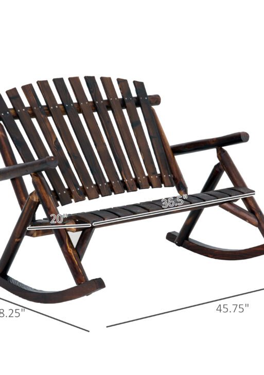 Outdoor Wooden Rocking Chair, Double-Person Rustic Adirondack Rocker with Slatted Seat, High Backrest, Armrests for Patio, Garden and Porch, Carbonized