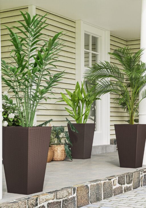 Set of 3 Tall Planters with Drainage Hole, 24" Outdoor Flower Plant Pots, Indoor Planters for Porch, Front Door, Entryway, Patio and Deck, Brown