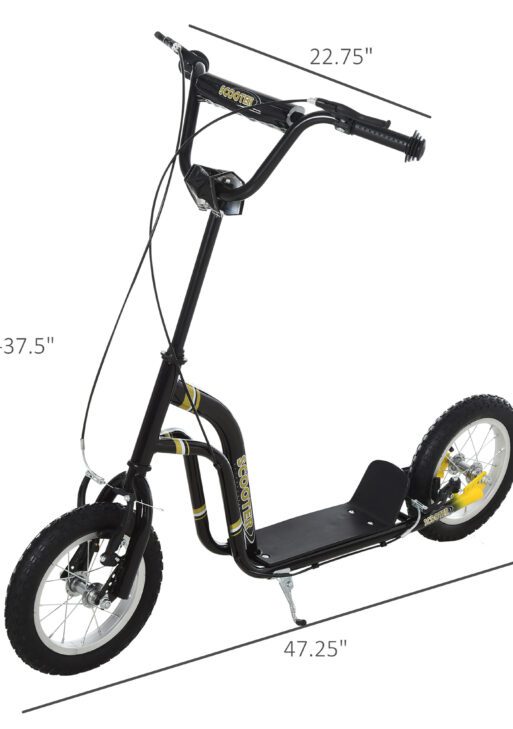 Youth Scooter Front and Rear Caliper Dual Brakes 12-Inch Inflatable Front Wheel Ride On Toy For Age 5+ - Black