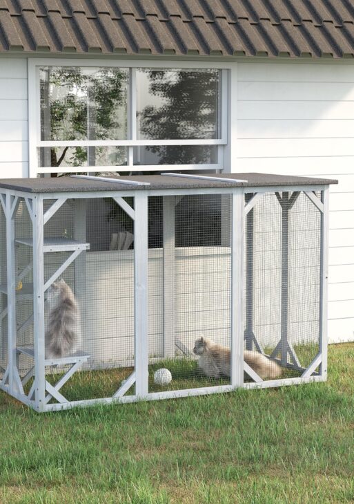 71" x 32" x 44" Large Wooden Outdoor Cat Enclosure Catio Cage With 3 Platforms, Gray
