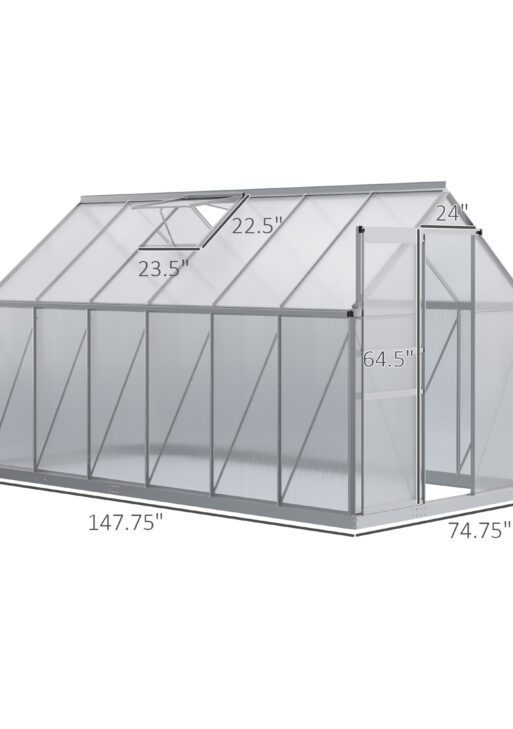 12' x 6' x 6.5' Polycarbonate Greenhouse with Aluminum Frame, Walk-in Heavy Duty Green House with Adjustable Roof Vent, Rain Gutter and Sliding Door for Winter, Silver