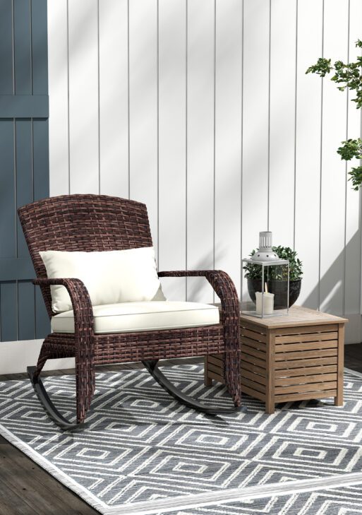 Adirondack Chair, Outdoor Wicker Rocking Chair with High Back, Seat Cushion, and Pillow for Porch, Balcony, Cream White