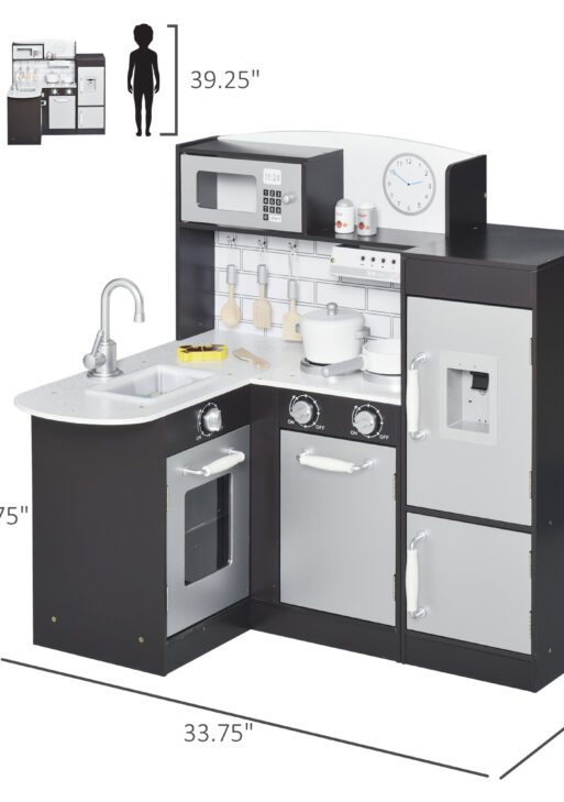 Corner Kids Kitchen Playset, Wooden Pretend Toy Kitchen Set with Drinking Fountain, Microwave, Fridge and Accessories, Pretend Play Kitchen for 3+ Years, Black