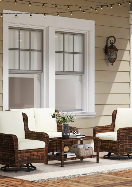 4 Piece Rattan Patio Furniture Set, Conversation Set with Swivel Glider Chairs Table Loveseat for Garden, Patio, Cream