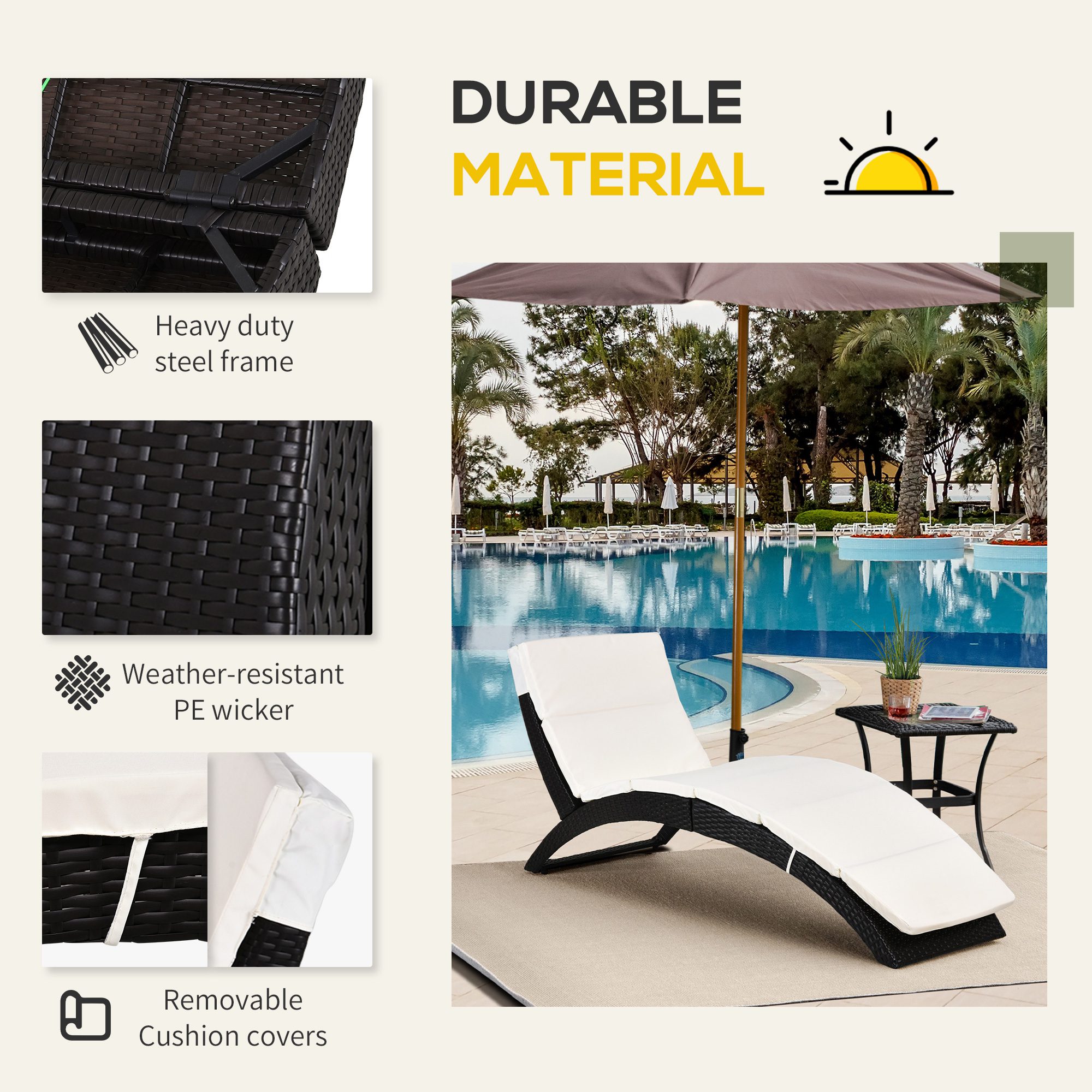 Patio Foldable Wicker Chaise Lounge, PE Rattan Outdoor Lounge Chair, Bed with Cushion for Garden, Backyard, Lawn, Beige - Image 2