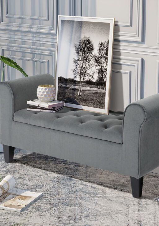 Button-Tufted Storage Ottoman Bench, Upholstered Bench with Rolled Armrests for Living Room or Hallway, Gray