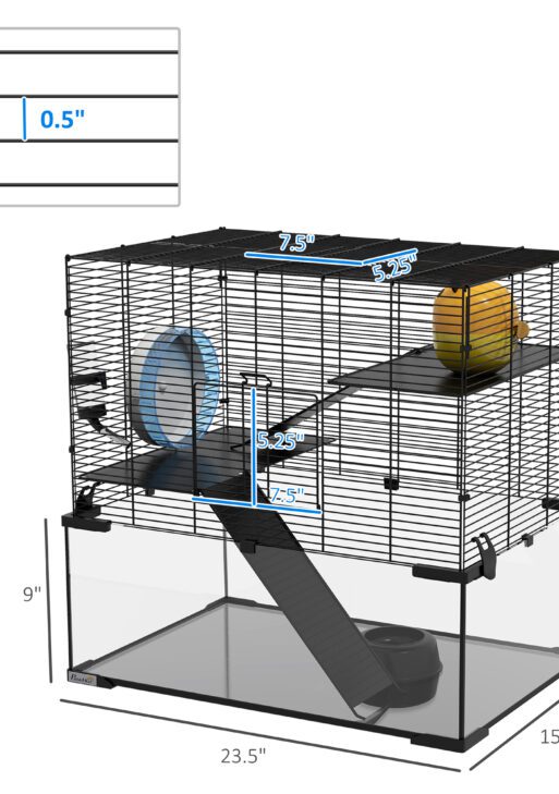 23.5" Hamster Cage, Gerbil Cage with Glass Basin for Small Hamsters, Black