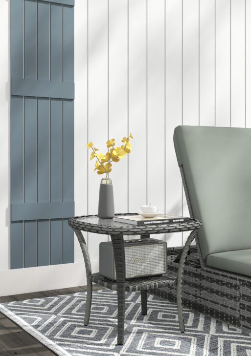 Outdoor Coffee Table with Storage Shelf, Hand-Woven Wicker Side Table with Water-Ripple Glass Top, Mix Gray