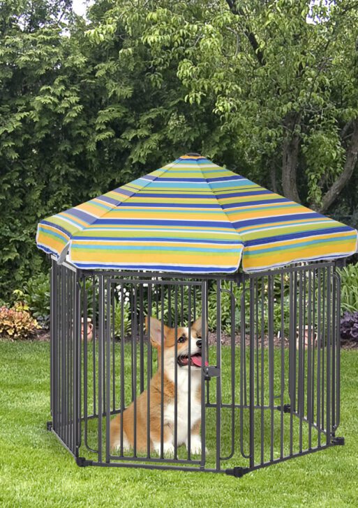 48" x 41" Heavy-Duty Metal Dog Playpen, Outdoor Pet Cage Kennel, Puppy Exercise Fence Barrier with Weather-Resistant Polyester Roof, Locking Door, & Metal Frame