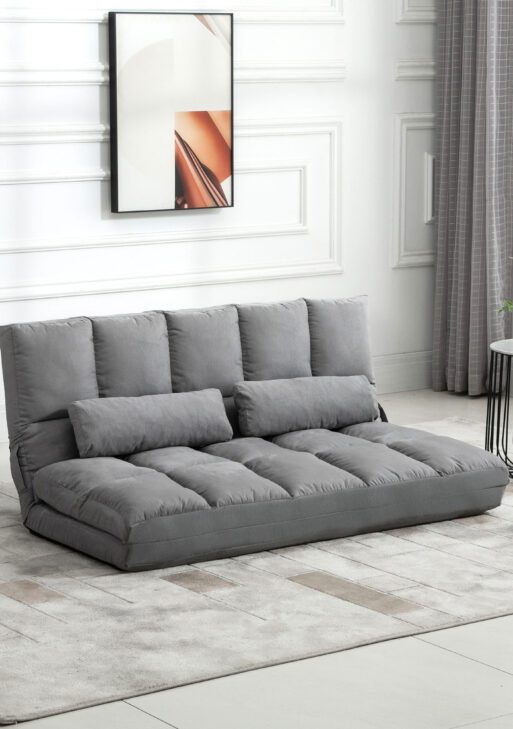 Convertible Floor Sofa Chair, Folding Couch Bed, Guest Chaise Lounge with 2 Pillows, Adjustable Backrest and Headrest, 51.25" L, Light Gray