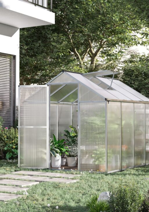 8' L x 6' W Walk-In Polycarbonate Greenhouse with Roof Vent for Ventilation & Rain Gutter for Winter
