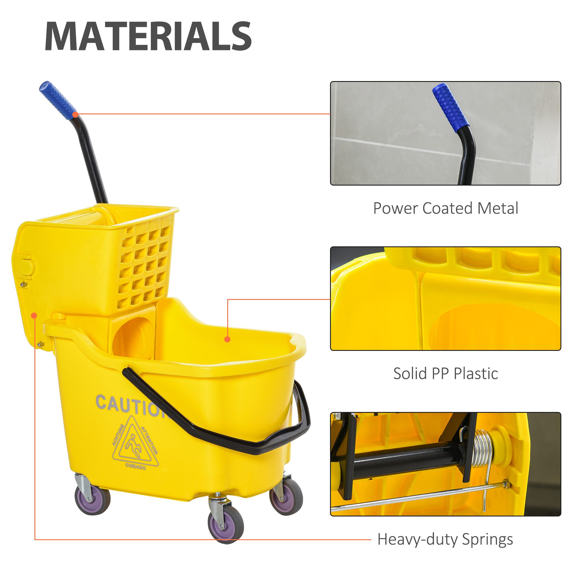 Mop Bucket Cart with Side Press Wringer, Metal Handle and 34 Quart Capacity, Yellow - Image 5