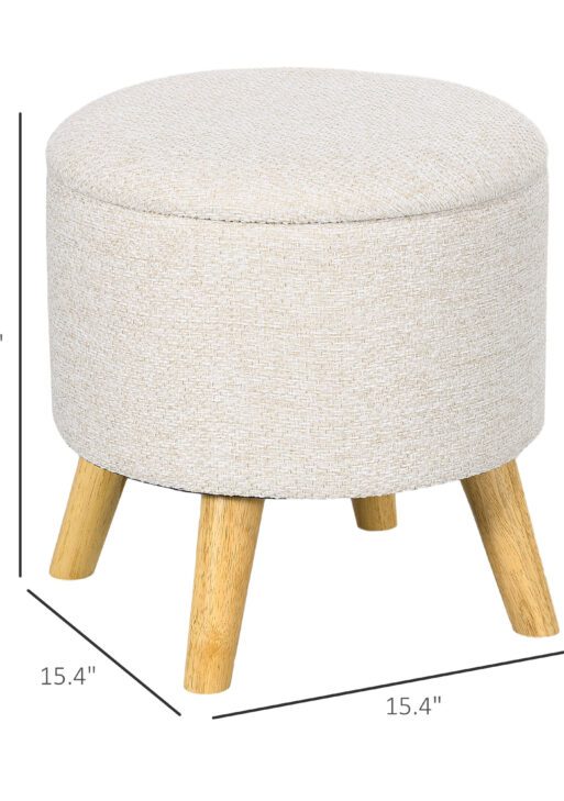 Round Ottoman Stool with Storage, Linen Fabric Upholstered Foot Stool with Padded Seat, Hidden Space and Wood Legs