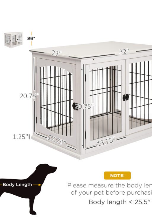 Dog Crate Furniture, 32" Small Dog Cage End Table with 2 Doors, Lockable Door, Puppy Kennel Indoor, White