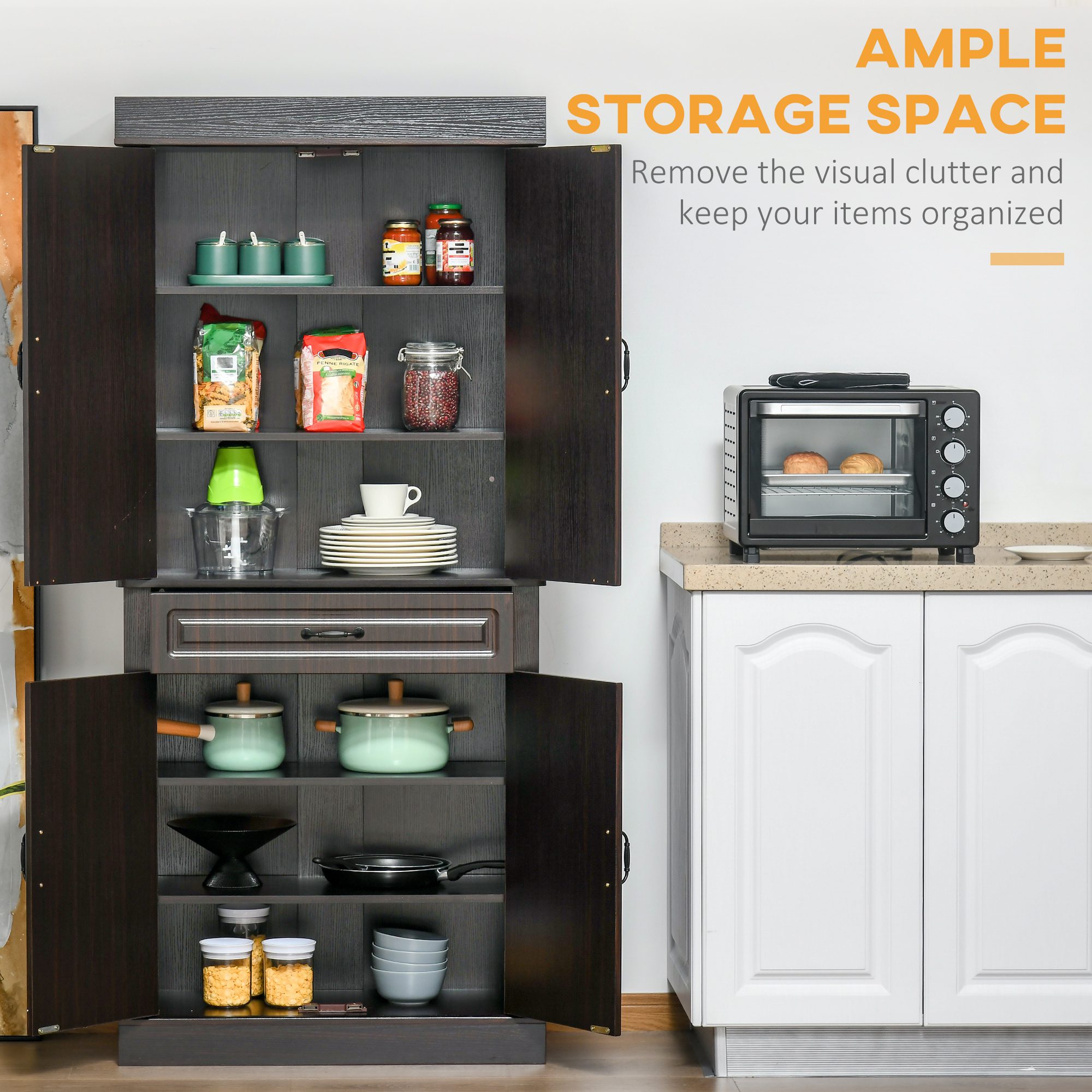 70.75" Freestanding Kitchen Pantry with 4 Doors, and 2 Large Cabinets, Tall Storage Cabinet with Wide Drawer for Kitchen Dining Room, Coffee - Image 2