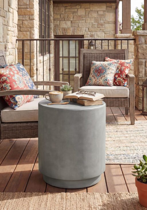 Lightweight Accent Table with Concrete Finish Round Side Table, Light Gray