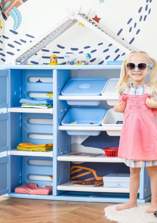 Kids Toy Storage Organizer with 4 Bins, Storage Cabinets, Bookshelf and 4-Layers Toy Collection Shelves, Blue