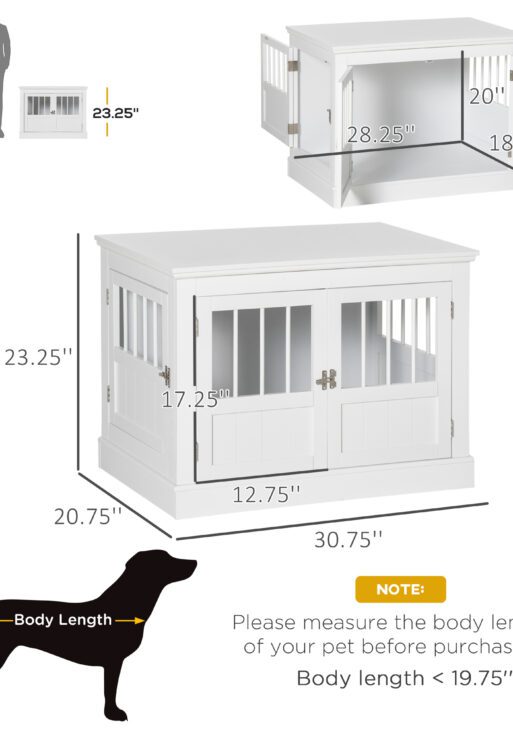 Wooden Dog Crate End Table, Dog Crate Furniture with Triple Doors, Puppy Crate for Small Dogs Indoor Use, White