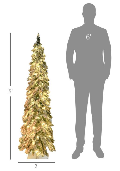 5' Artificial Slim Christmas Trees, with Snow Frosted Branches, Warm White or Colorful LED Lights, Downswept Shape