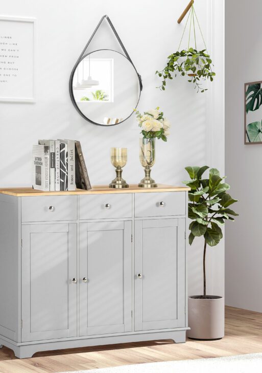 Kitchen Storage Cabinet, Sideboard Floor Cupboard with Solid Wood Top, Adjustable Shelf, and 3 Drawers, Gray