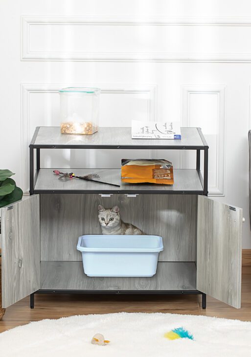 Wooden Cat Litter Box Enclosure, Hidden Kitten Washroom, Indoor End Table with Magnetic Doors & Storage Shelves, Gray