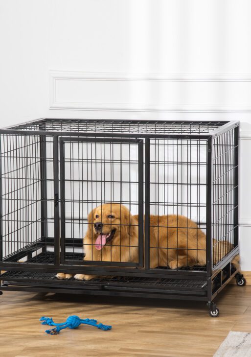 43" Heavy Duty Dog Crate with Removable Tray, Lockable Wheels and Double Door, for Large and Extra Large Dogs, Black