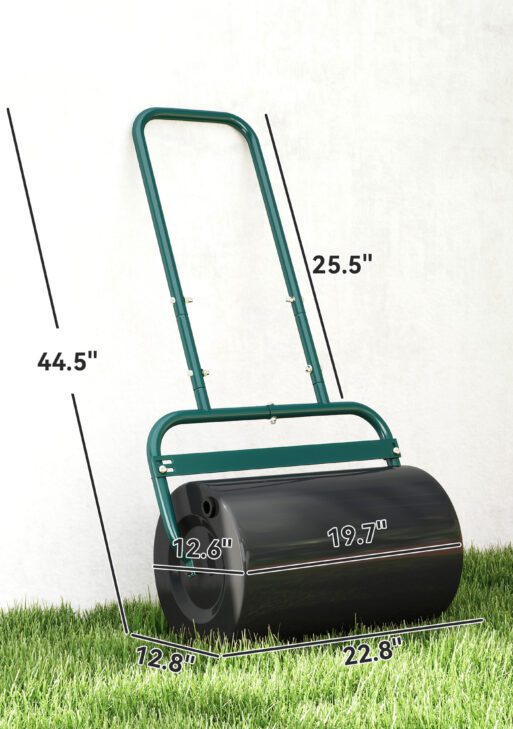 20-Inch Push/Tow Behind Lawn Roller Filled with 10 Gal Water or Sand for Flattening Sod in the Garden, Dark Green