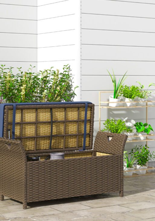 Outdoor Patio Wicker Storage Bench, 2-In-1 Rattan Patio Furniture, 29 Gal Storage Box w/ Cushion, Dark Blue