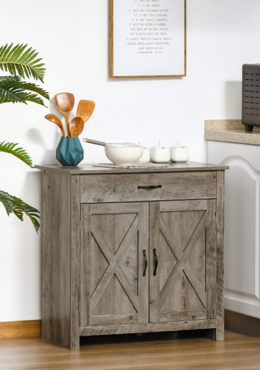 Farmhouse Sideboard Buffet Cabinet, Barn Door Coffee Bar Cabinet with Drawer and Adjustable Shelf for Kitchen, Living Room, Entryway, Gray