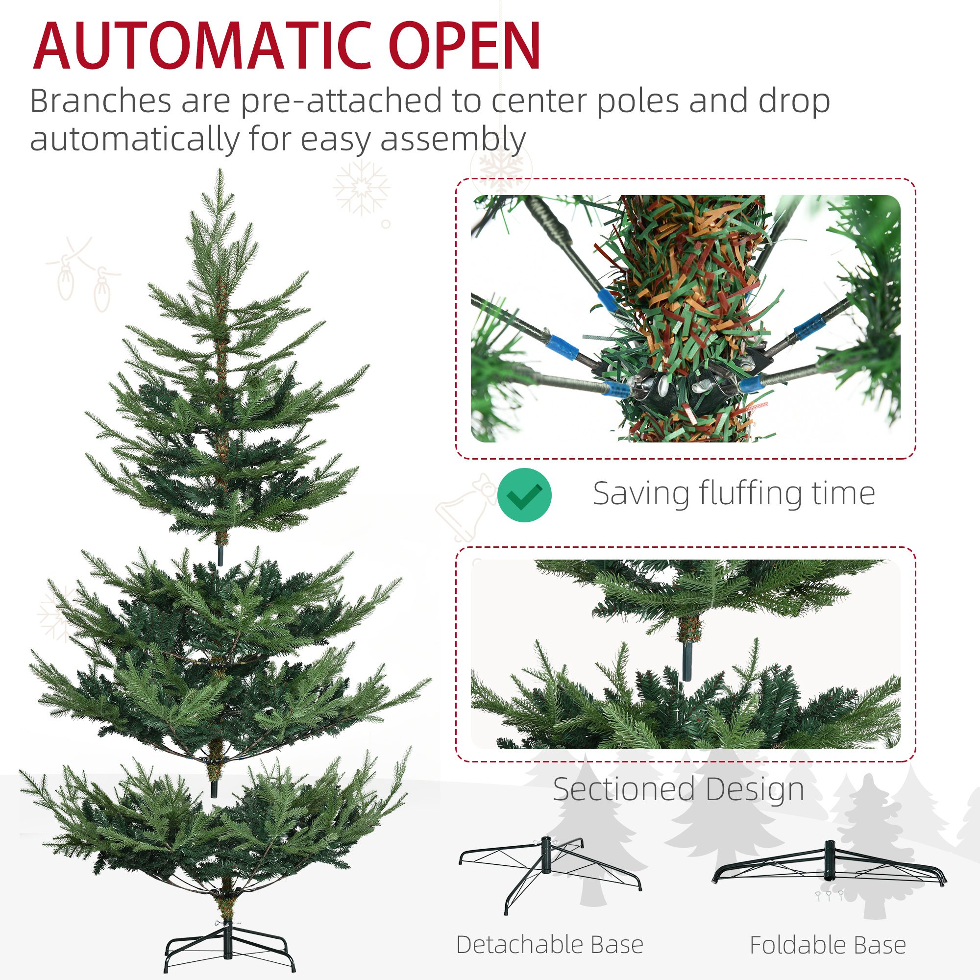 6 Foot Artificial Christmas Tree, Nordic Pine Hinged Xmas Tree with 795 Realistic Branches, Wide Steel Base, Auto Open, Green - Image 4