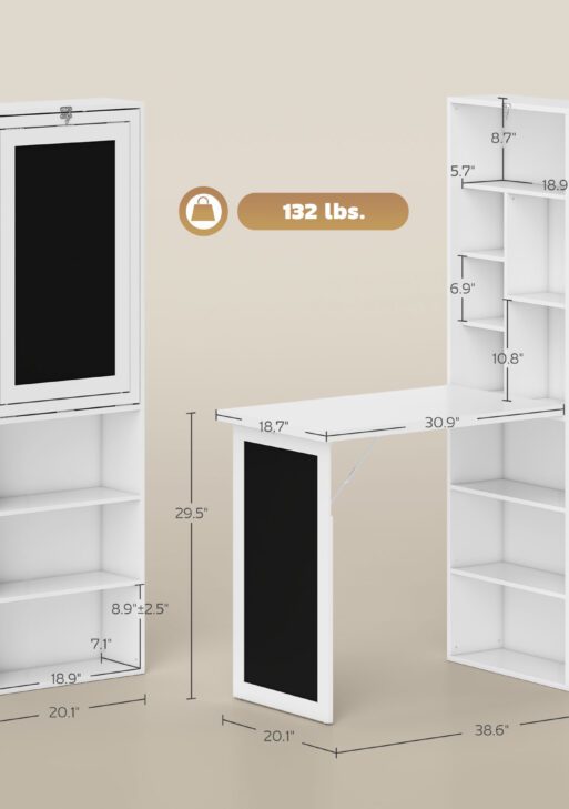 Fold-out Convertible Office Desk, Wall Mount Computer Desk with Blackboard and Side Shelf, White