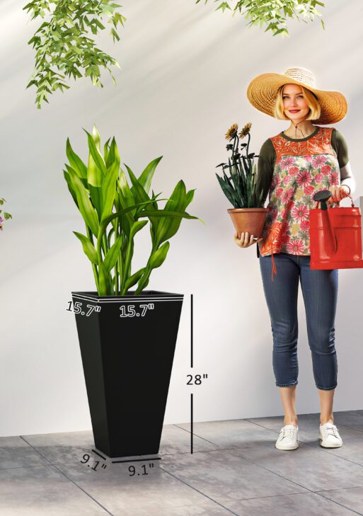 Tall Planters for Outdoor Plants Set of 3, 28 In Taper Planters with Drainage Holes, Indoor Grande Plant Pots, Front Porch Decor (Black)