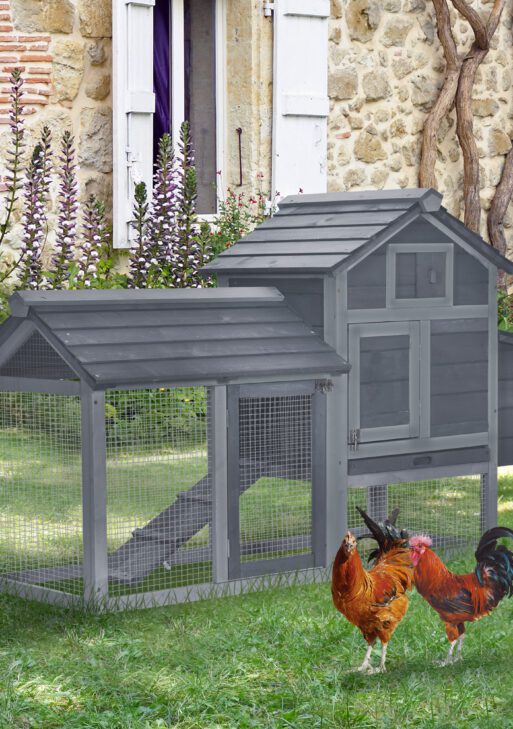 59" Small Wooden Chicken coop Hen House Poultry Cage for Outdoor Backyard with 2 Doors, Nesting Box and Removable Tray, Gray