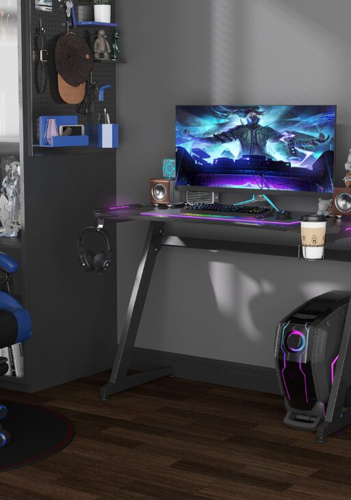 47" Racing Style Gaming Desk, Z-Shaped Computer Table Workstation with LED Lights, Swivel Cup Holder, Headphone Hook and Cable Management Holes for Gamers Home Office, Black