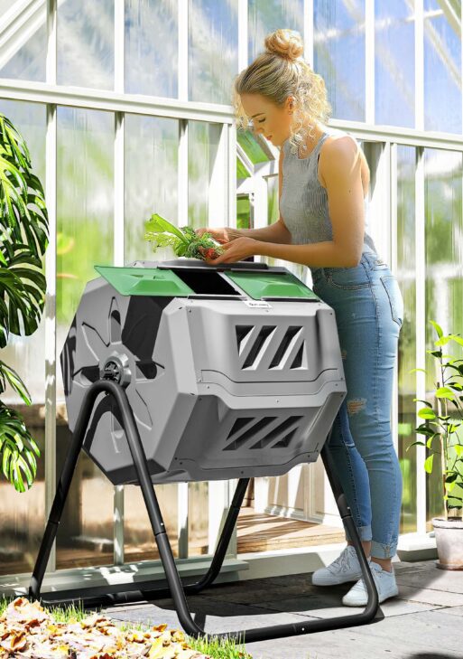 Tumbling Compost Bin Outdoor 360° Dual Chamber Rotating Composter 43 Gallon, Light Gray