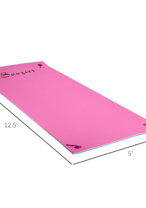 12' x 5' Lily Pad Floating Mat with Cup Holder Table, 3-Layer Portable Roll-Up Water Mat Float Dock for 2-3 People, on Lake, River, Beach, Swimming Pool, Pink