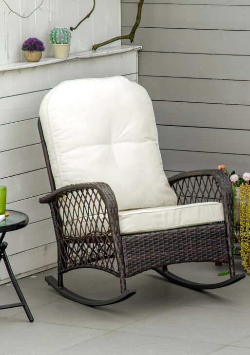 Outdoor PE Rattan Wicker Recliner Rocker Chair w/ Soft Cushion for Garden