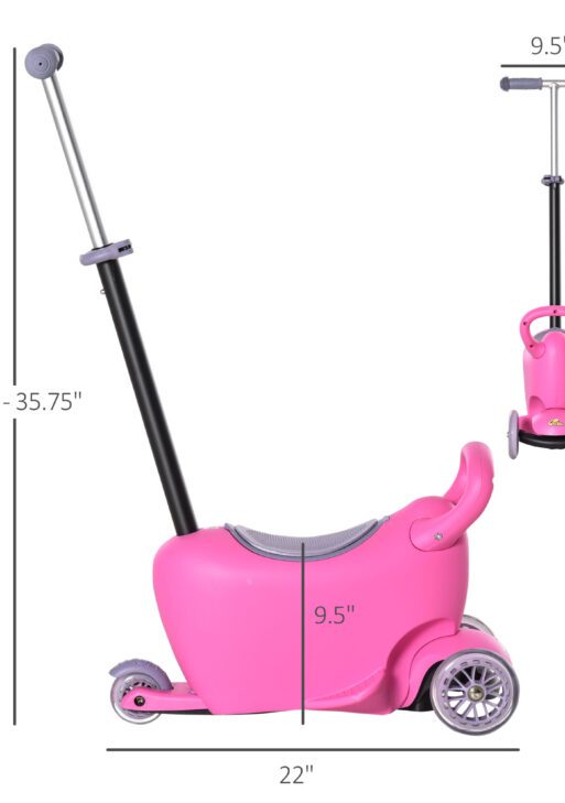 3-in-1 Ride On Push Car, Kids Scooter, Sliding Walker, Push Rider, with Adjustable Handlebar, 3 Balanced Wheels, Removable Storage Seat, for Boys and Girls Aged 2-6 Years Olds, Pink