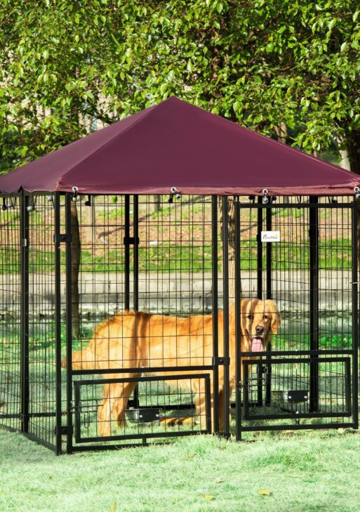 Outdoor Dog Kennel with Rotating Bowl Holders, Pet Playpen with Waterproof Cover, 4.6' x 4.6' x 5', Red