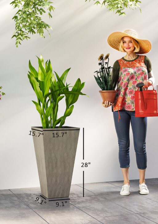 Tall Planters for Outdoor Plants Set of 3, 28 In Taper Planters with Drainage Holes, Indoor Grande Plant Pots, Front Porch Decor, Grey