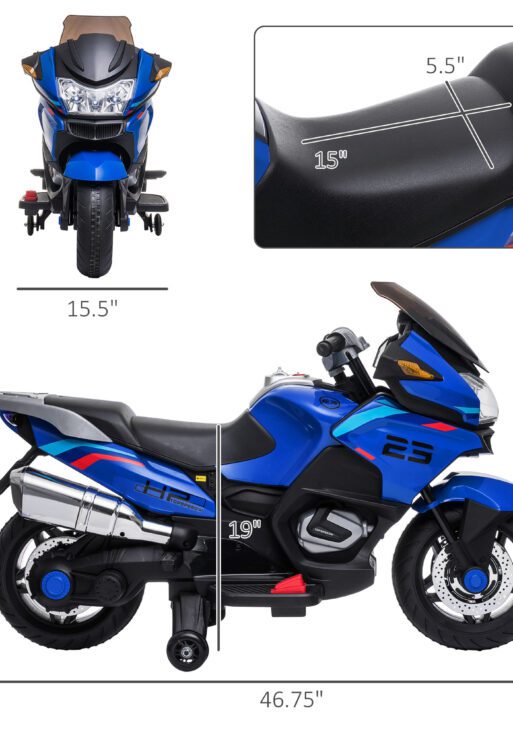 12V Kids Electric Motorcycle with Training Wheels, Battery Power Ride on Motorbike, High-Traction at 3.7 Mph Top Speed, with Light Music, Blue